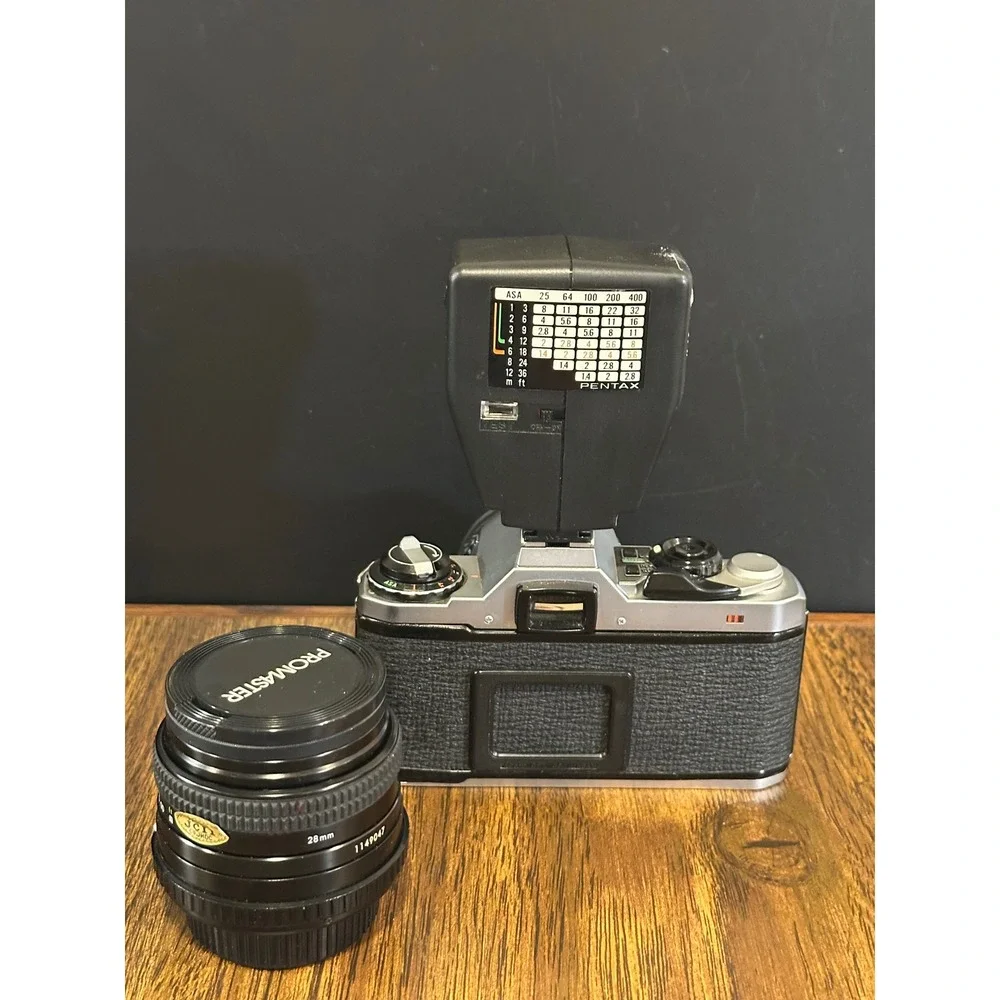 Pentax ME Super 35mm SLR Film Camera Kit with 28mm Lens AF160 Flash and Manuals